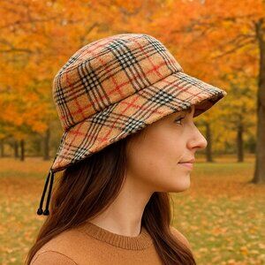 Vintage Fall Vibes Bucket Hat Windowpane Plaid Adjustable Drawstring For Women